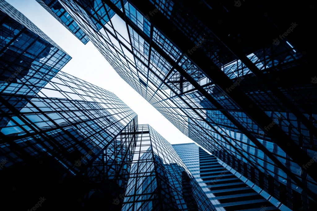 Low angle view skyscrapers 1359 825 1024x683